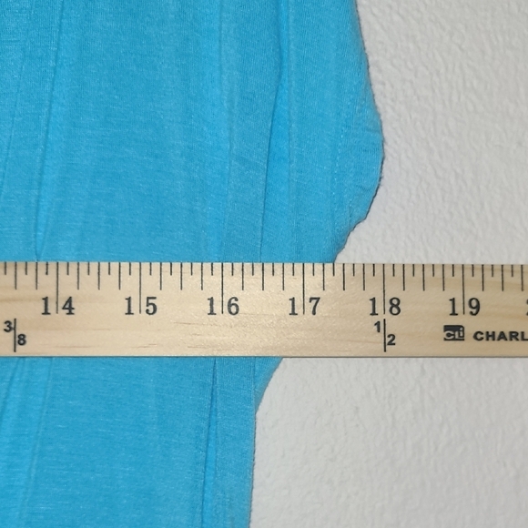 🌊 Happie² Sky Blue Drape Front Blouse Size S Soft Stretch Rayon Deep Cowl Neck - Picture 5 of 9